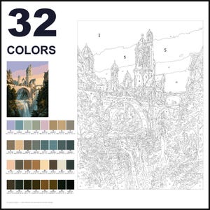 May include: A paint-by-numbers kit featuring a numbered outline of a castle on a bridge over a waterfall. The set includes a small color reference image, a palette of 32 color swatches with hex codes, and a large white canvas with numbered sections.