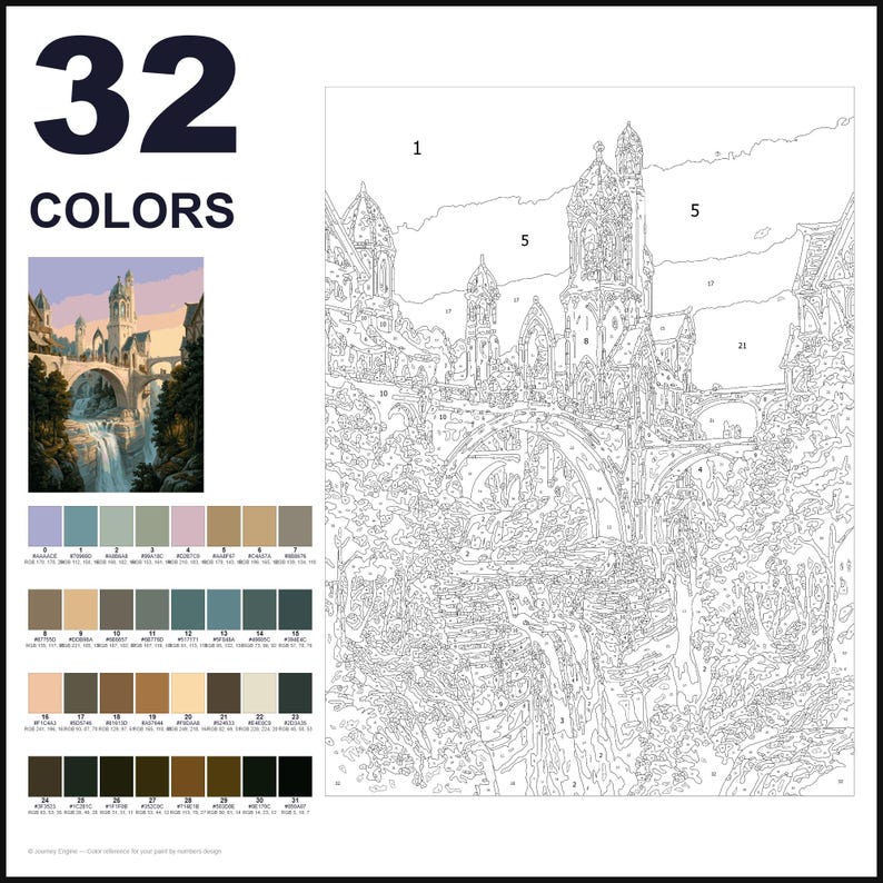 May include: A paint-by-numbers kit featuring a numbered outline of a castle on a bridge over a waterfall. The set includes a small color reference image, a palette of 32 color swatches with hex codes, and a large white canvas with numbered sections.