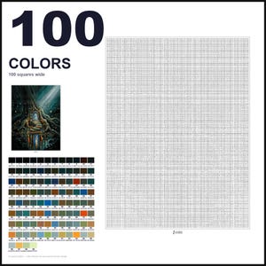 May include: A paint-by-numbers pattern featuring 100 colors, a large grid with numbered squares, and a reference image of a tree with a glowing door. The layout includes a color key with 100 distinct swatches, each labeled with a number and hex code.