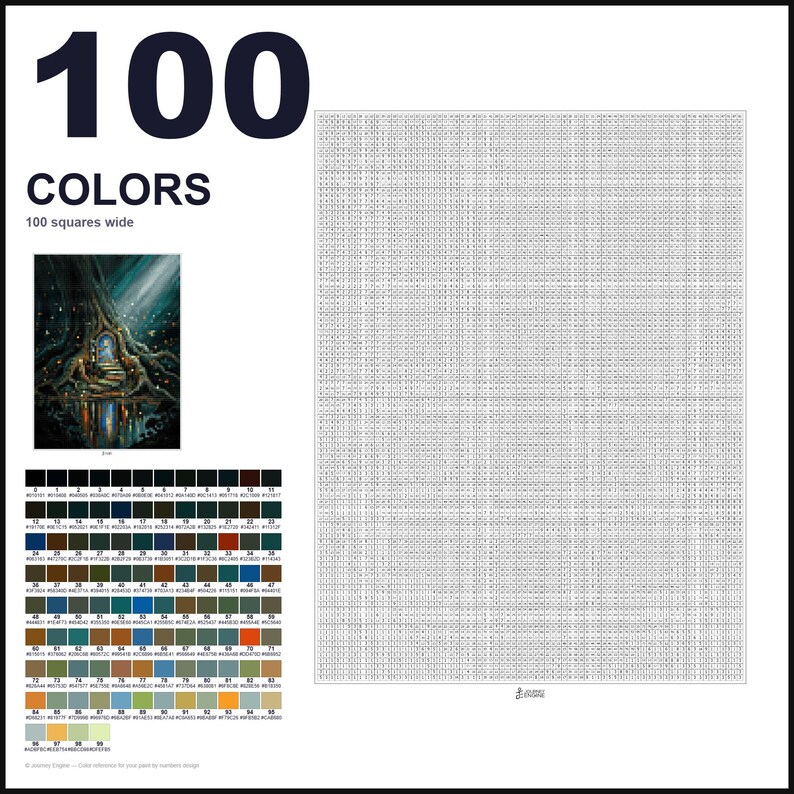 May include: A paint-by-numbers pattern featuring 100 colors, a large grid with numbered squares, and a reference image of a tree with a glowing door. The layout includes a color key with 100 distinct swatches, each labeled with a number and hex code.