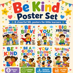 Be Kind Klassenzimmer Poster Set | Vorschule Kindergarten Kindness Wandkunst | Soziale emotionale SEL Dekor | Druckbare Instant Download