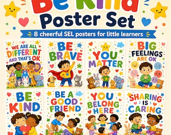 Conjunto de pósteres "Sé amable" para el aula / Decoración de pared sobre la amabilidad para preescolar y jardín de infancia / Decoración para el desarrollo socioemocional (SEL) / Descarga instantánea imprimible