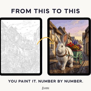 May include: Two tablets displaying a digital paint-by-number project. The left screen shows a grayscale line drawing of a rabbit pulling a cart of flowers. The right screen shows the completed, full-color version. Text reads FROM THIS TO THIS.