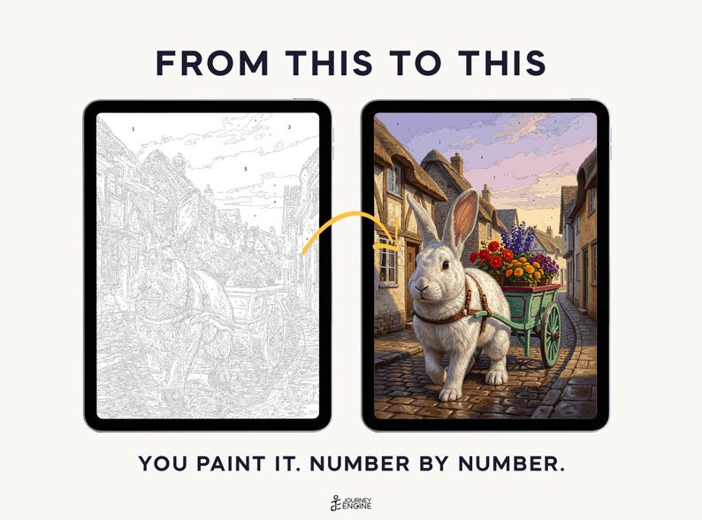 May include: Two tablets displaying a digital paint-by-number project. The left screen shows a grayscale line drawing of a rabbit pulling a cart of flowers. The right screen shows the completed, full-color version. Text reads FROM THIS TO THIS.