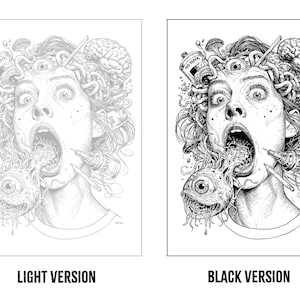 May include: A black and white illustration featuring two versions of a surreal portrait. The image depicts a person with an open mouth, a large eye emerging from the throat, a brain, mushrooms, and ink bottles integrated into the hair and composition.
