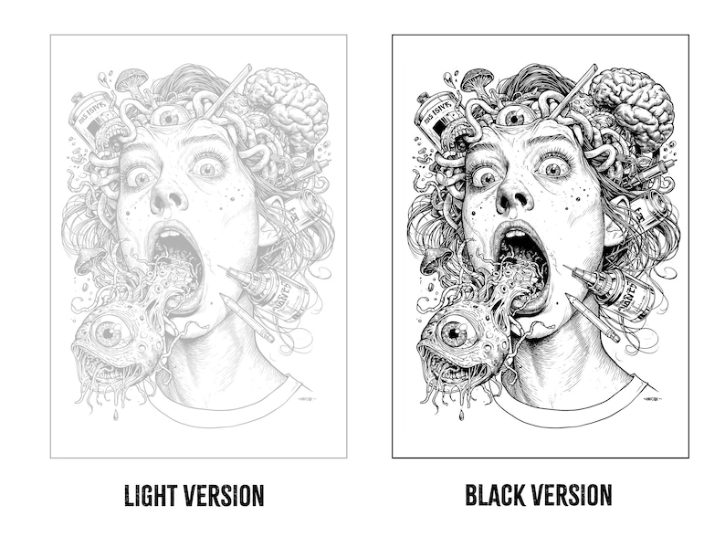 May include: A black and white illustration featuring two versions of a surreal portrait. The image depicts a person with an open mouth, a large eye emerging from the throat, a brain, mushrooms, and ink bottles integrated into the hair and composition.