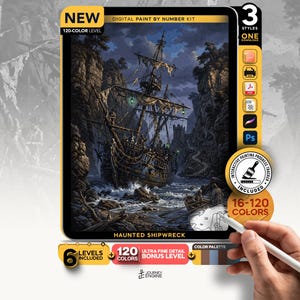 May include: A digital paint by number kit titled Haunted Shipwreck featuring a dark, detailed illustration of a weathered sailing vessel amidst rocky cliffs. The kit includes 120 colors, an interactive progress tracker, and six levels of difficulty.