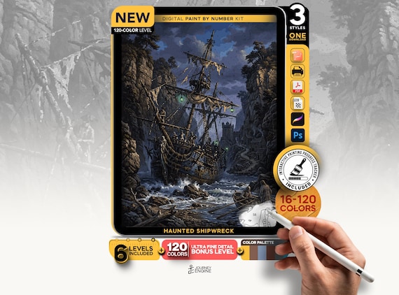 Haunted Shipwreck paint by numbers digital kit, Pirate Ship Wreck Art