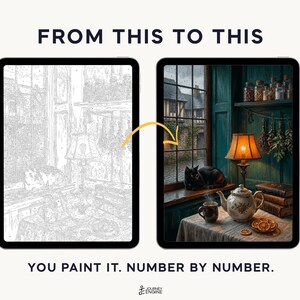 May include: Two tablets display a paint-by-number project. The left shows a grayscale line drawing of a cozy room with a cat on a windowsill. The right shows the finished, full-color version with a warm lamp, teapot, and rainy window view.