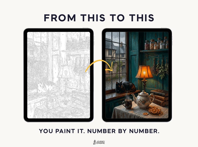 May include: Two tablets display a paint-by-number project. The left shows a grayscale line drawing of a cozy room with a cat on a windowsill. The right shows the finished, full-color version with a warm lamp, teapot, and rainy window view.