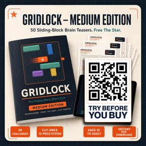 Op de afbeelding: Een Gridlock Medium Edition schuifpuzzelboek met 50 uitdagingen, met een zwarte kaft met kleurrijke blokken en een ster. Bevat een witte kaart met een QR-code met de tekst Try Before You Buy en verschillende kaarten met uitdagingen.
