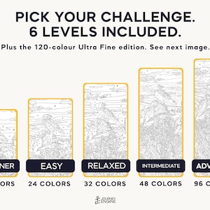 May include: A paint-by-numbers set featuring 6 levels of difficulty, ranging from Beginner with 16 colors to Advanced with 96 colors. The image displays five vertical panels with bird illustrations, labeled Beginner, Easy, Relaxed, Intermediate, and Advanced.