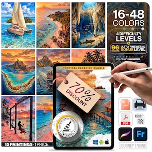 Pode incluir: Um pacote digital Tropical Paradise com 15 obras de pintura por números com 16-48 cores, 4 níveis de dificuldade e um nível bónus de 96 cores. O ecrã mostra uma etiqueta de 70% de desconto, um rastreador de progresso e ícones de ficheiros.