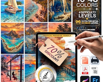 Tropical Paradise Paint by Numbers Bundle | 15 Digital  PBN Kits | 5 Levels 16-96 Colors | Svg Pdf Png Procreate | Beach Islands Wall Art