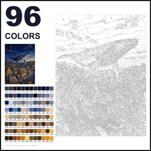 May include: A paint-by-numbers kit featuring a large whale flying over a village of houses. The image includes a small colored reference picture, a large black and white outline drawing with numbered sections, and a palette of 96 colors.