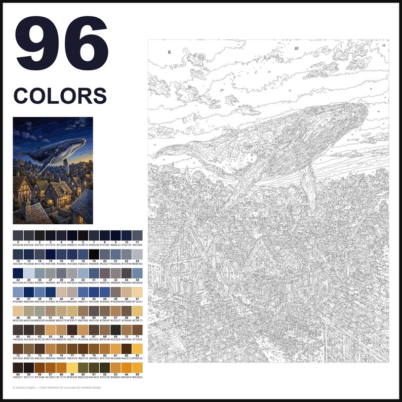 May include: A paint-by-numbers kit featuring a large whale flying over a village of houses. The image includes a small colored reference picture, a large black and white outline drawing with numbered sections, and a palette of 96 colors.