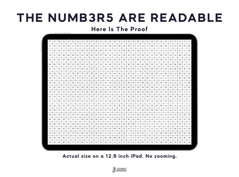 May include: A tablet screen displaying a dense grid of small black numbers on a white background. The text at the top reads THE NUMB3R5 ARE READABLE Here Is The Proof. Below the tablet, the text reads Actual size on a 12.9 inch iPad. No zooming.