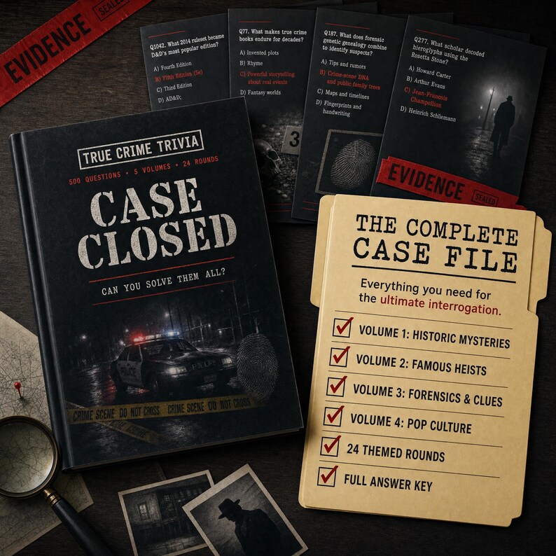May include: A True Crime Trivia game set featuring a black book titled Case Closed with a police car graphic, a tan file folder labeled The Complete Case File, several black question cards with red text, and a magnifying glass on a map background.