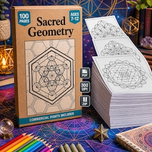 May include: A brown box set of "Sacred Geometry" coloring pages for ages 7-12, with 100 pages. The box features geometric designs. Colored pencils, pens, and a star-shaped ornament are arranged on a patterned surface.