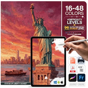 May include: A digital paint-by-number template featuring the Statue of Liberty at sunset with the New York City skyline. The image displays text including 16-48 COLORS, 4 DIFFICULTY LEVELS, 96 ULTRA FINE DETAIL BONUS LEVEL, and STATUE OF LIBERTY SUNSET.