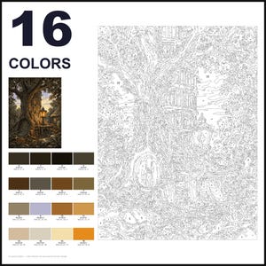 May include: A paint-by-numbers kit featuring a large tree with a hollow trunk and a lantern, labeled 16 COLORS. The kit includes a numbered outline drawing, a small finished reference image, and a grid of 16 color swatches with RGB values.