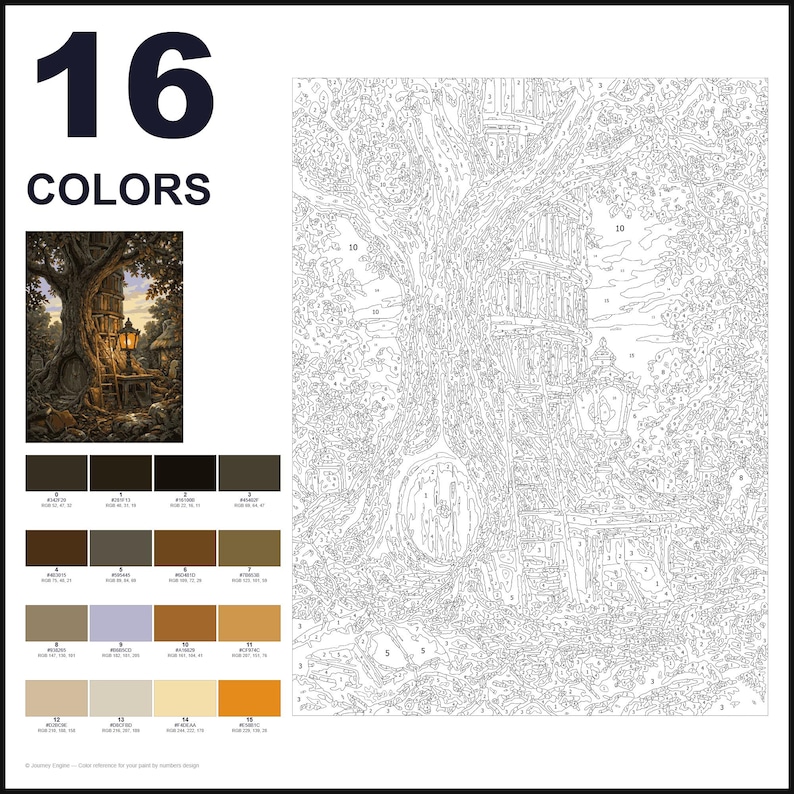 May include: A paint-by-numbers kit featuring a large tree with a hollow trunk and a lantern, labeled 16 COLORS. The kit includes a numbered outline drawing, a small finished reference image, and a grid of 16 color swatches with RGB values.