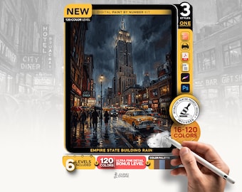 New York Paint by Numbers Digital, 6 Levels 16 to 120 Colors, Manhattan Skyline Brooklyn Bridge Art, Procreate Printable, Instant Download