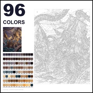 May include: A paint-by-numbers kit featuring 96 colors and a detailed line drawing of a sailing ship being attacked by a giant octopus. The kit includes a small color reference image and a numbered grid for painting the scene on a white background.