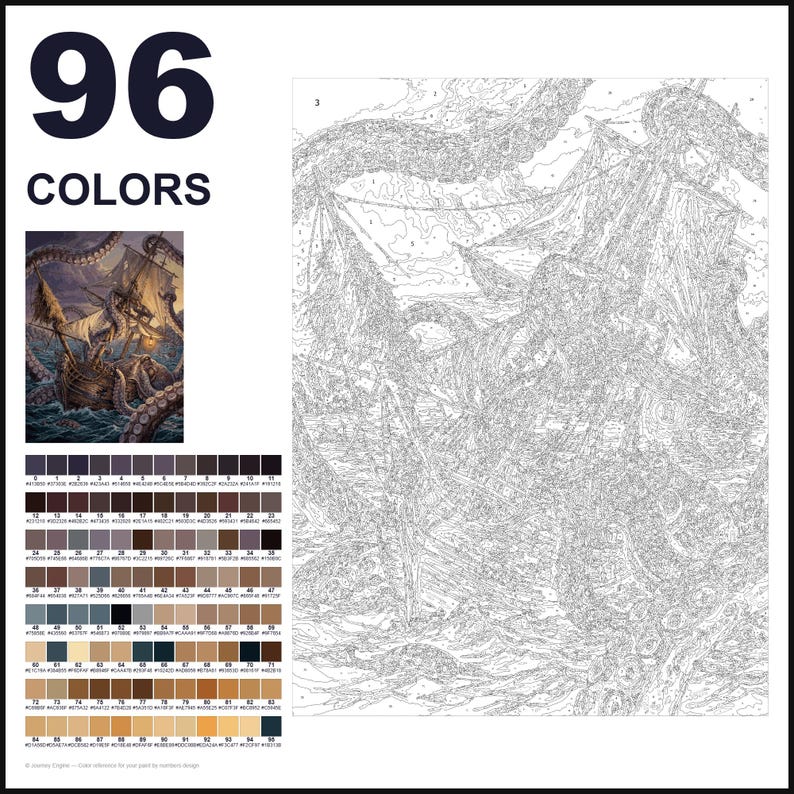 May include: A paint-by-numbers kit featuring 96 colors and a detailed line drawing of a sailing ship being attacked by a giant octopus. The kit includes a small color reference image and a numbered grid for painting the scene on a white background.