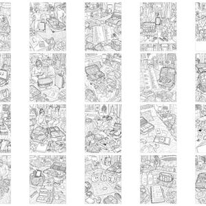 May include: A collection of twenty black and white line art illustrations depicting various scenes of people packing suitcases and organizing travel gear, clothing, and personal items in bedroom settings, presented in a grid layout for coloring.