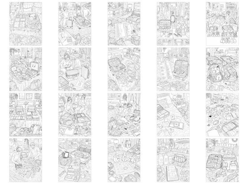 May include: A collection of twenty black and white line art illustrations depicting various scenes of people packing suitcases and organizing travel gear, clothing, and personal items in bedroom settings, presented in a grid layout for coloring.