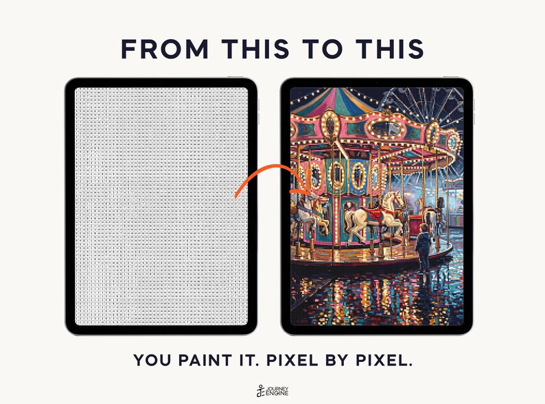 May include: Two tablets displaying a digital paint-by-number activity. The left screen shows a grid of letters, while the right screen shows a colorful carousel at night. Text reads FROM THIS TO THIS and YOU PAINT IT. PIXEL BY PIXEL.