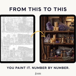 May include: Two tablets display a paint-by-number project. The left shows a grayscale line drawing of shelves with crystals, candles, and herbs. The right shows the finished, colorful version. Text reads: FROM THIS TO THIS. YOU PAINT IT. NUMBER BY NUMBER.