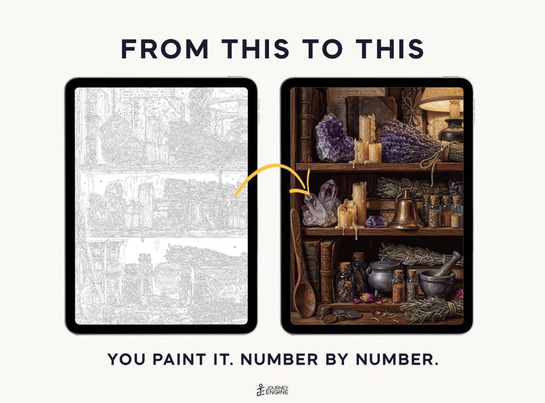 May include: Two tablets display a paint-by-number project. The left shows a grayscale line drawing of shelves with crystals, candles, and herbs. The right shows the finished, colorful version. Text reads: FROM THIS TO THIS. YOU PAINT IT. NUMBER BY NUMBER.