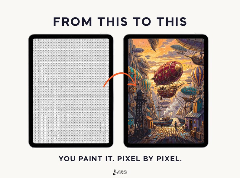 May include: Two tablets displaying a digital paint-by-number activity. The left screen shows a grid of letters, while the right screen displays a finished illustration of airships over a harbor. Text reads FROM THIS TO THIS and YOU PAINT IT. PIXEL BY PIXEL.