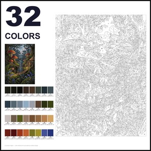 May include: A paint-by-numbers kit featuring a forest scene with large mushrooms and small dwellings. The image includes a numbered outline template, a small color reference picture, and a grid of 32 distinct color swatches with codes.