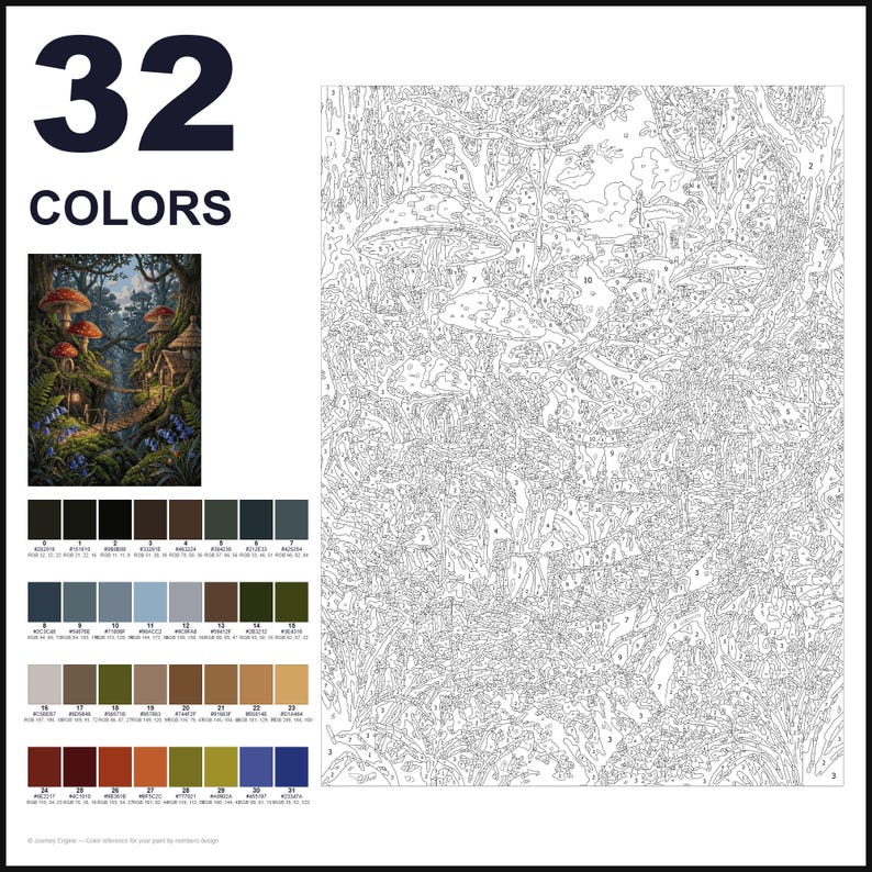 May include: A paint-by-numbers kit featuring a forest scene with large mushrooms and small dwellings. The image includes a numbered outline template, a small color reference picture, and a grid of 32 distinct color swatches with codes.