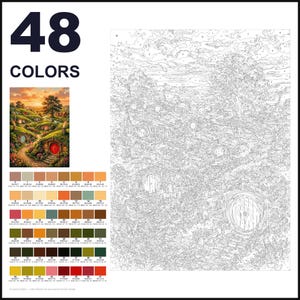 May include: A paint-by-numbers kit featuring 48 colors and a numbered outline of a landscape with round-door dwellings nestled in a grassy hillside. The set includes a small color reference image of the finished scene and a detailed guide.