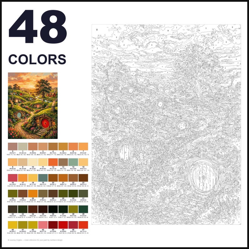 May include: A paint-by-numbers kit featuring 48 colors and a numbered outline of a landscape with round-door dwellings nestled in a grassy hillside. The set includes a small color reference image of the finished scene and a detailed guide.