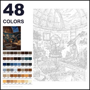 May include: A paint-by-numbers kit featuring a line art illustration of an observatory interior with a telescope, armillary sphere, and desk. The set includes a small color reference image, a numbered canvas, and a palette of 48 distinct paint colors.