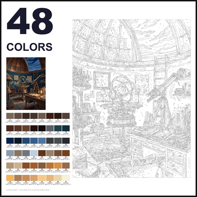 May include: A paint-by-numbers kit featuring a line art illustration of an observatory interior with a telescope, armillary sphere, and desk. The set includes a small color reference image, a numbered canvas, and a palette of 48 distinct paint colors.