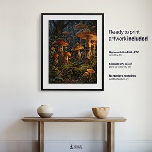 May include: A framed digital art print featuring a dark forest scene with multiple large mushrooms, some with small doors and windows. Text on the right reads: Ready to print artwork included, High-resolution PNG + PDF sized for A3, Scalable SVG poster print up to 60x90 cm, No numbers, no outlines just the finished art.