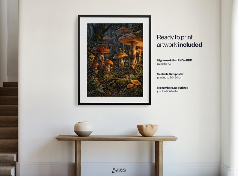 May include: A framed digital art print featuring a dark forest scene with multiple large mushrooms, some with small doors and windows. Text on the right reads: Ready to print artwork included, High-resolution PNG + PDF sized for A3, Scalable SVG poster print up to 60x90 cm, No numbers, no outlines just the finished art.