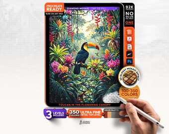 Digital Diamond Painting, Mystery Mosaic iPad, Toucan in the Flowering Canopy, Tropical Procreate Art, 3 Levels, Instant Download