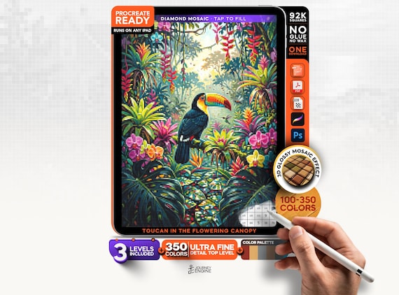Toucan Canopy digital diamond painting mystery mosaic for iPad, Tropical Rainforest Mosaic