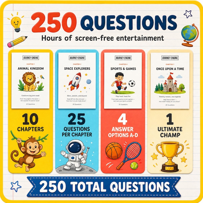 May include: A game set titled 250 Questions featuring four vertical panels labeled Animal Kingdom, Space Explorers, Sports & Games, and Once Upon a Time. Each panel includes illustrations of a lion, rocket, soccer player, and castle, with a trophy at the bottom.