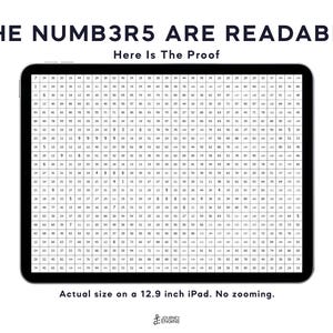 May include: A tablet screen displaying a dense grid of small black numbers on a white background. The text at the top reads THE NUMB3R5 ARE READABLE Here Is The Proof. Below the tablet, the text reads Actual size on a 12.9 inch iPad. No zooming.