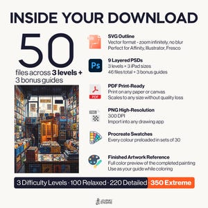 May include: A digital download package containing 50 files across 3 levels and 3 bonus guides. Includes SVG outlines, 9 layered PSDs, PDF print-ready files, high-resolution PNGs, Procreate swatches, and a finished artwork reference image.