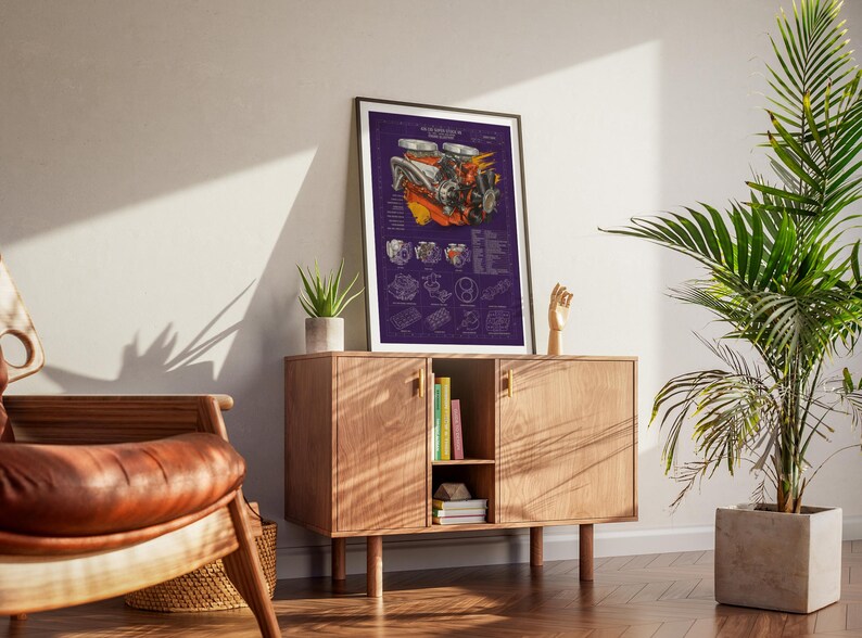 May include: A framed vertical poster featuring a detailed technical illustration of a V8 engine against a deep purple background, with white text labels and smaller engine component diagrams arranged below the main central engine graphic.