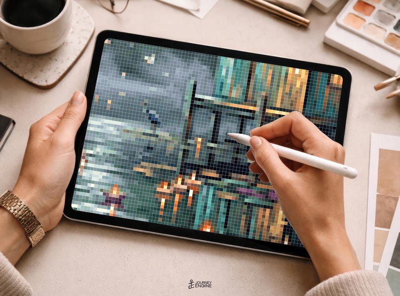 May include: A tablet displaying a pixelated digital artwork of a dark, moody landscape with a wooden structure, water, and a small bird. The screen shows a grid-like composition in shades of teal, blue, gray, and orange, with a white stylus touching it.
